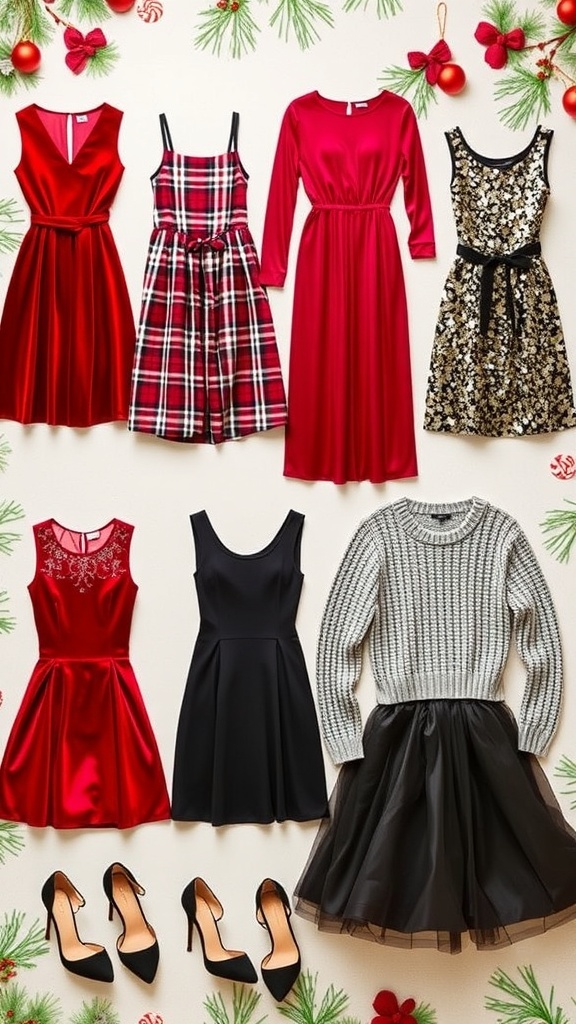 Stylish Christmas outfits with heels displayed on a festive background.